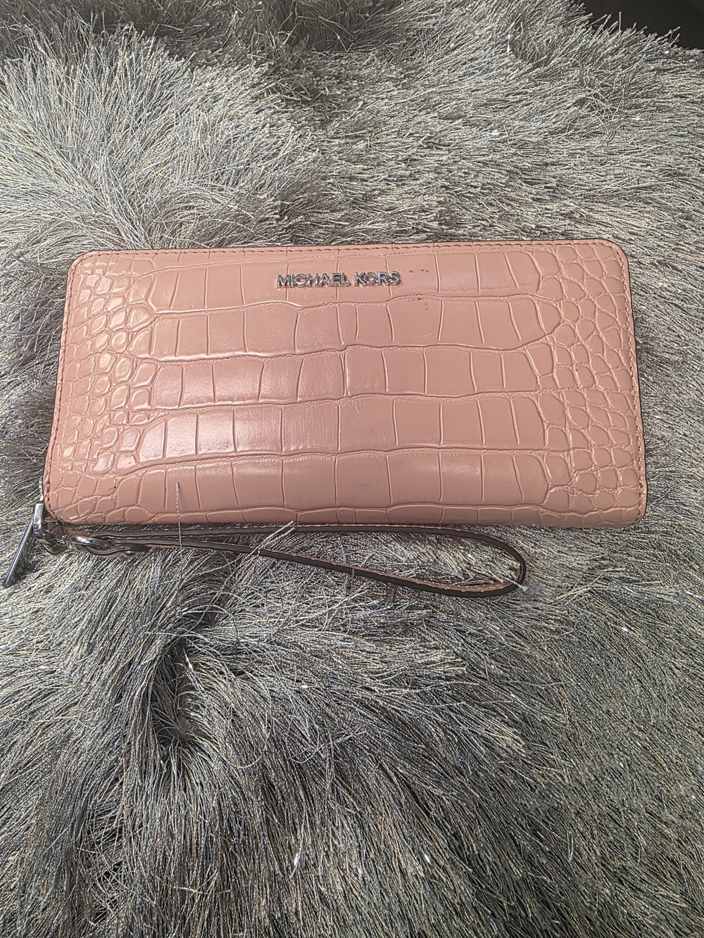 Michael Kors Blush Croc-Embossed Zip Wallet Wristlet